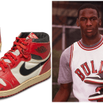 Michael Jordan in 1984 with the first Air Jordan sneakers